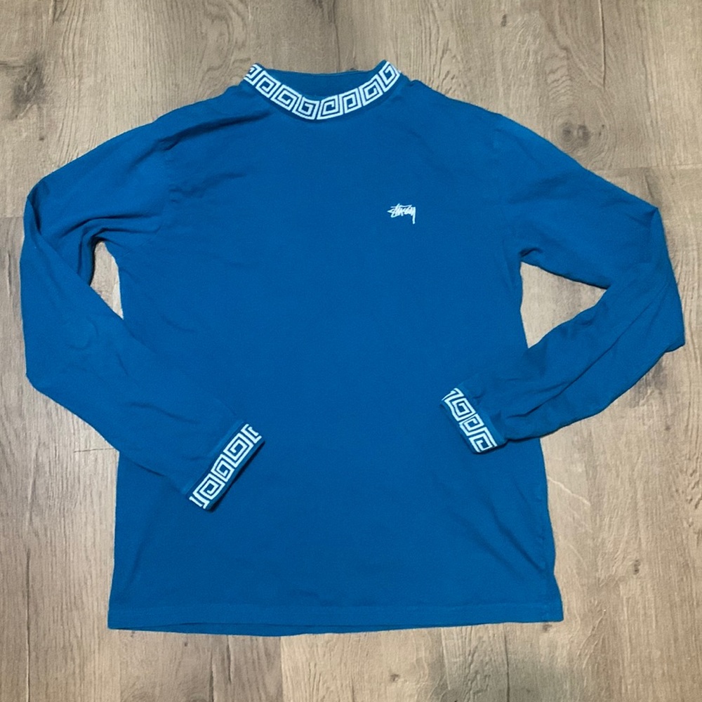 Stussy Blue Long Sleeve mock turtleneck with White Greek Accents